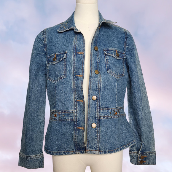 Vtg 90s Y2k Rhinestone Gem Studded Bratz Trendy Collared Denim Jacket Sz 10 - Picture 6 of 8